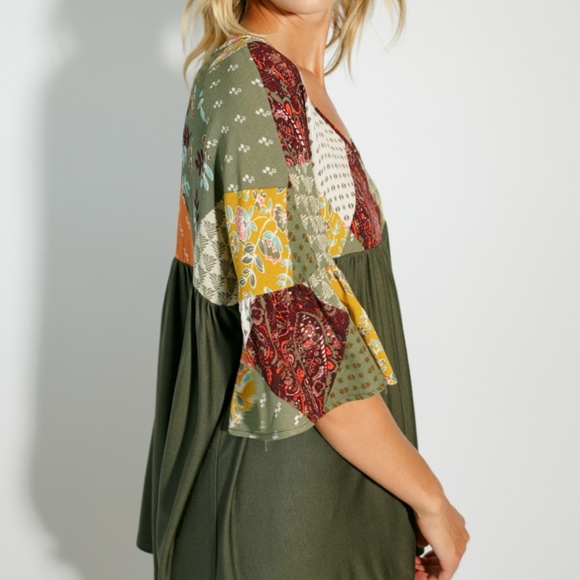 **LAST ONE**Olive Color-Block Paisley Baby Doll Top - Picture 7 of 7